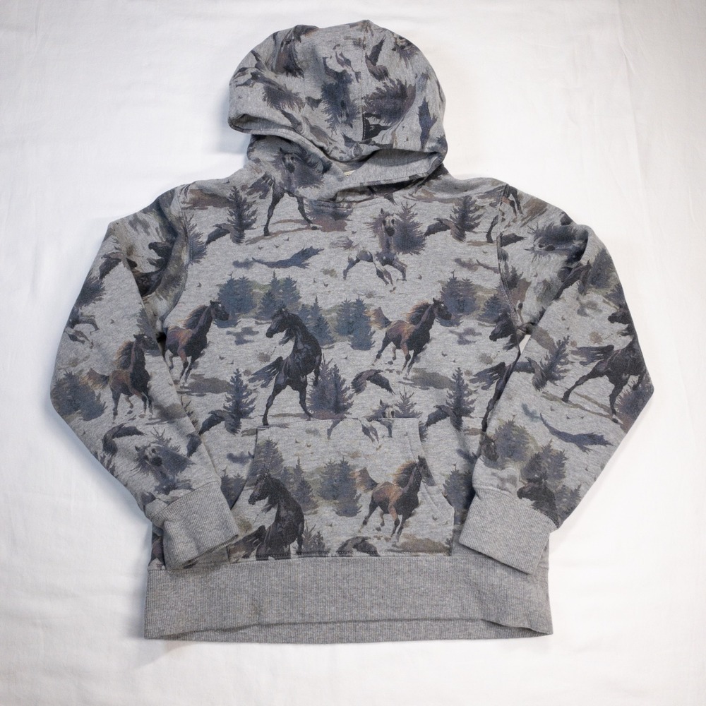 Ariat REAL Youth M 10 Horse Forest Print Grey Fleece Hoodie Sweatshirt Western